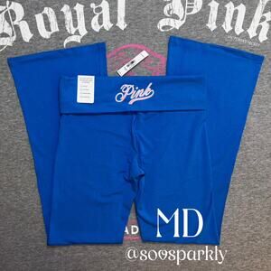 VS PINK Limited Edition Blue Charge Cotton Tee & Cotton Foldover Flare Leggings